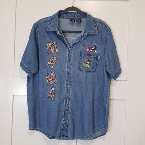 Disney Mickey Unlimited Woman Vintage Chambray Denim Button Down Shirt Sz 14-16